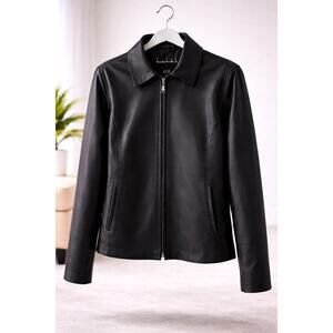 Nicole Miller Black Leather Jacket Women Medium Zip Classic Minimalist